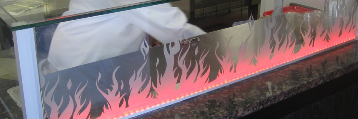 Custom flame glass with LED lighting - artistry showstopper by A&A Glass Co.